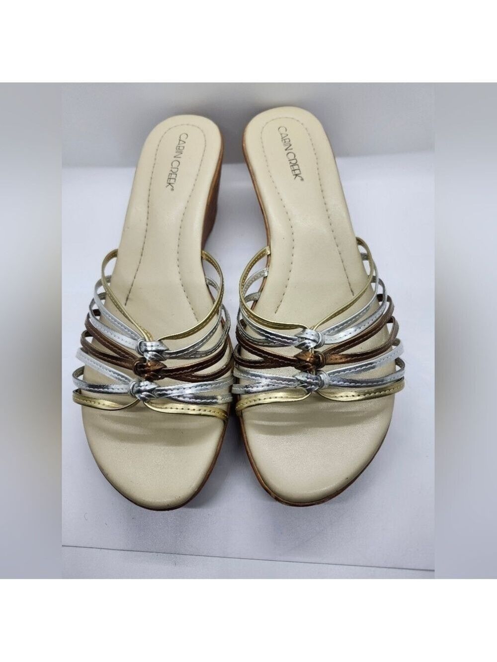 Cabin Creek Sandals cage slide wedge gold silver copper sz 9M